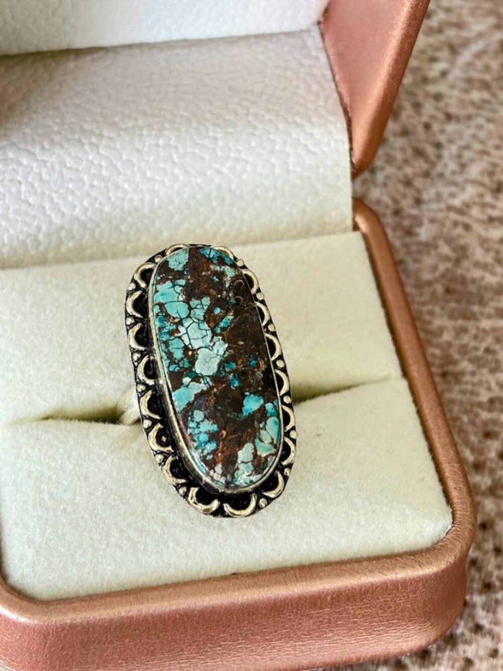 Tibetan Turquoise 925 Silver Plated Statement Ring Oval Boho - Size 6
